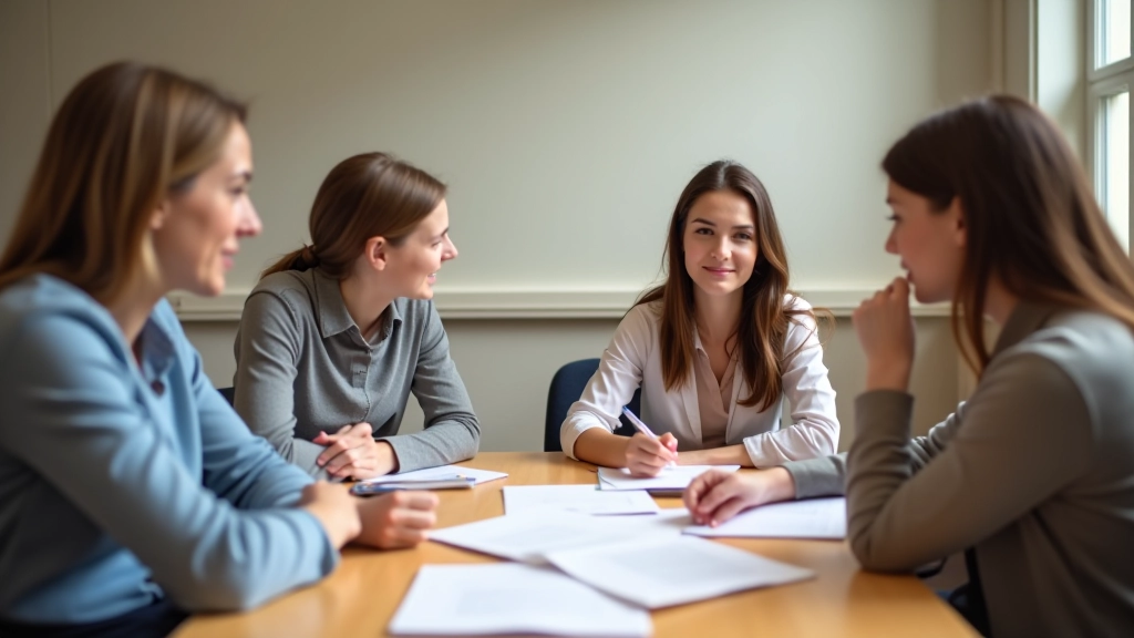 Groupe de quatre adultes en classe de langue, assis autour d'une table avec matériel pédagogique et sourires