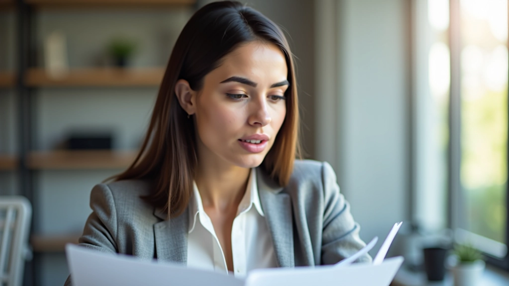 Femme adulte française étudiant les matériaux de formation linguistique dans un environnement de travail moderne
