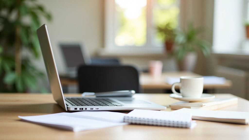 Espace de travail moderne avec ordinateur portable et documents de formation linguistique